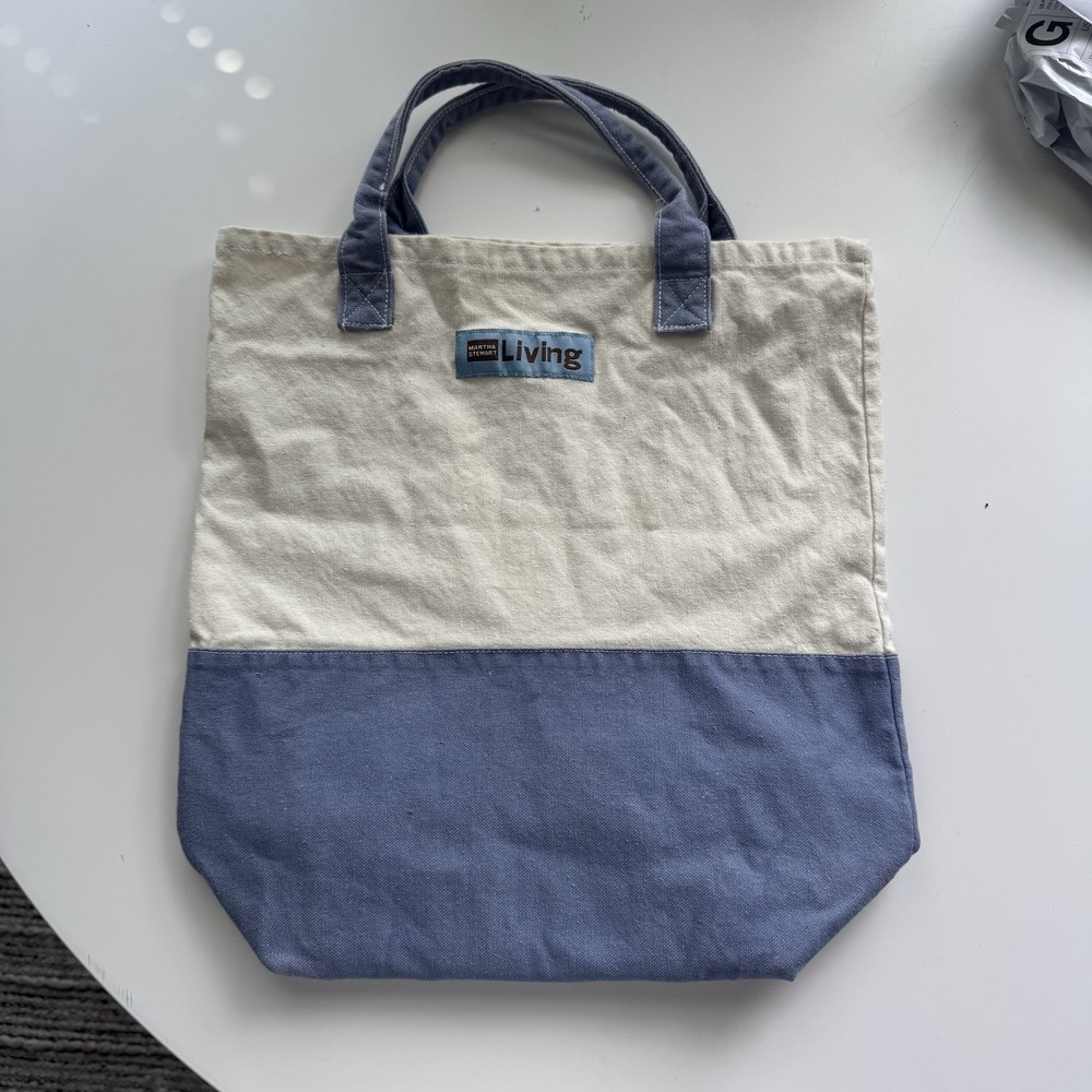 Vintage Martha Stewart Living Canvas Tote Bag Colorblock Blue Cream Heavy Duty